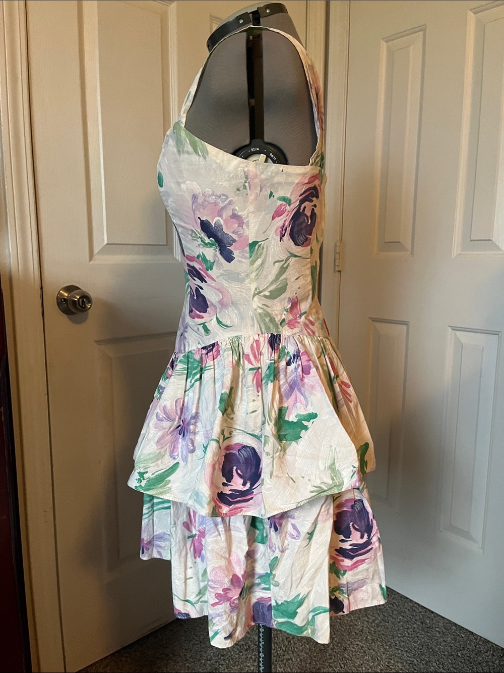 1980's City Triangles Floral Cotton Mini Dress, Pastel Green & Purple, Size 9 - Picture 2 of 7